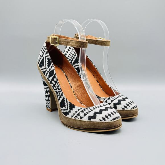 Schuler & Sons Shoes Womens 7.5 Black White Geometric Chunky Heels Anthropologie - Picture 2 of 12